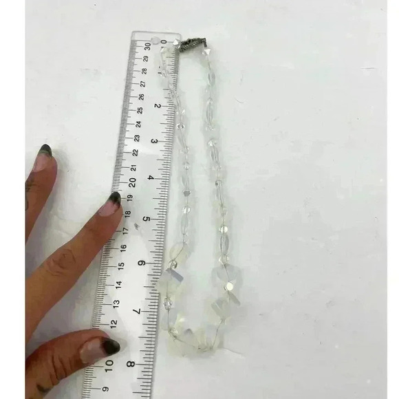 Moonstone Glass Chunky Beaded Necklace Iridescent Cube Silver Tone 16" - Picture 4 of 16